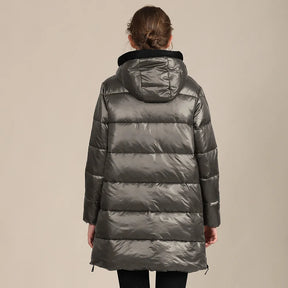 Katty - Jaqueta de inverno acolchoada de nylon brilhante para mulher com capuz