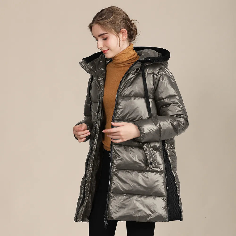Katty - Jaqueta de inverno acolchoada de nylon brilhante para mulher com capuz