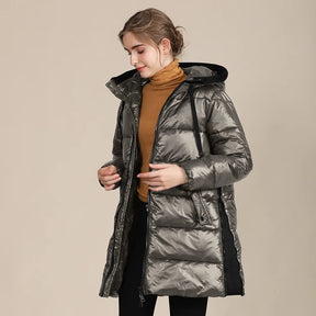 Katty - Jaqueta de inverno acolchoada de nylon brilhante para mulher com capuz