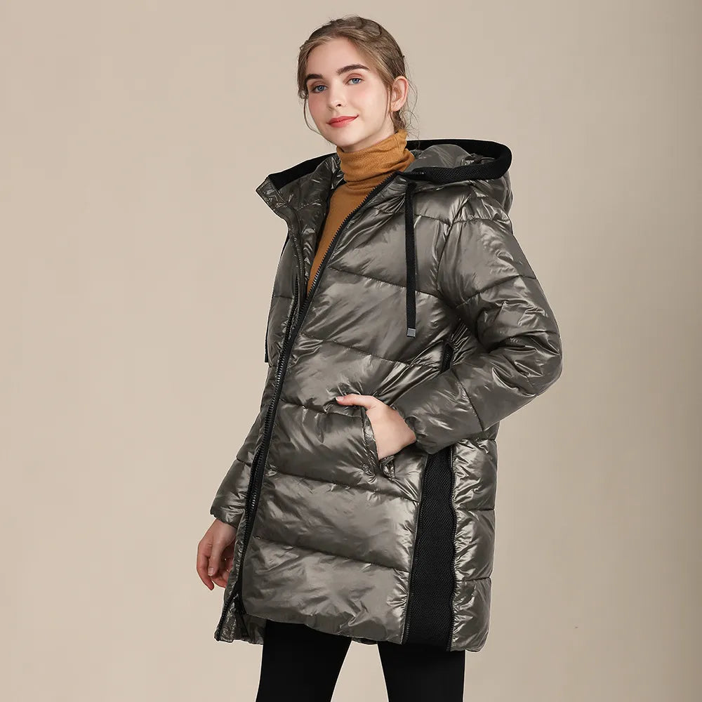 Katty - Jaqueta de inverno acolchoada de nylon brilhante para mulher com capuz
