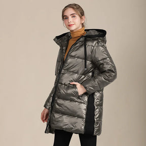 Katty - Jaqueta de inverno acolchoada de nylon brilhante para mulher com capuz