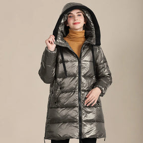 Katty - Jaqueta de inverno acolchoada de nylon brilhante para mulher com capuz