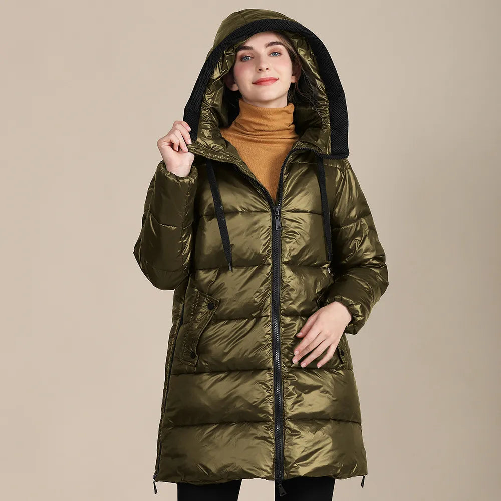 Katty - Jaqueta de inverno acolchoada de nylon brilhante para mulher com capuz