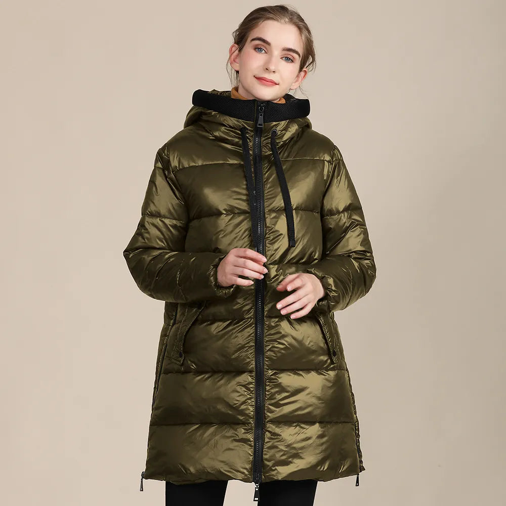Katty - Jaqueta de inverno acolchoada de nylon brilhante para mulher com capuz