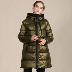 Katty - Jaqueta de inverno acolchoada de nylon brilhante para mulher com capuz
