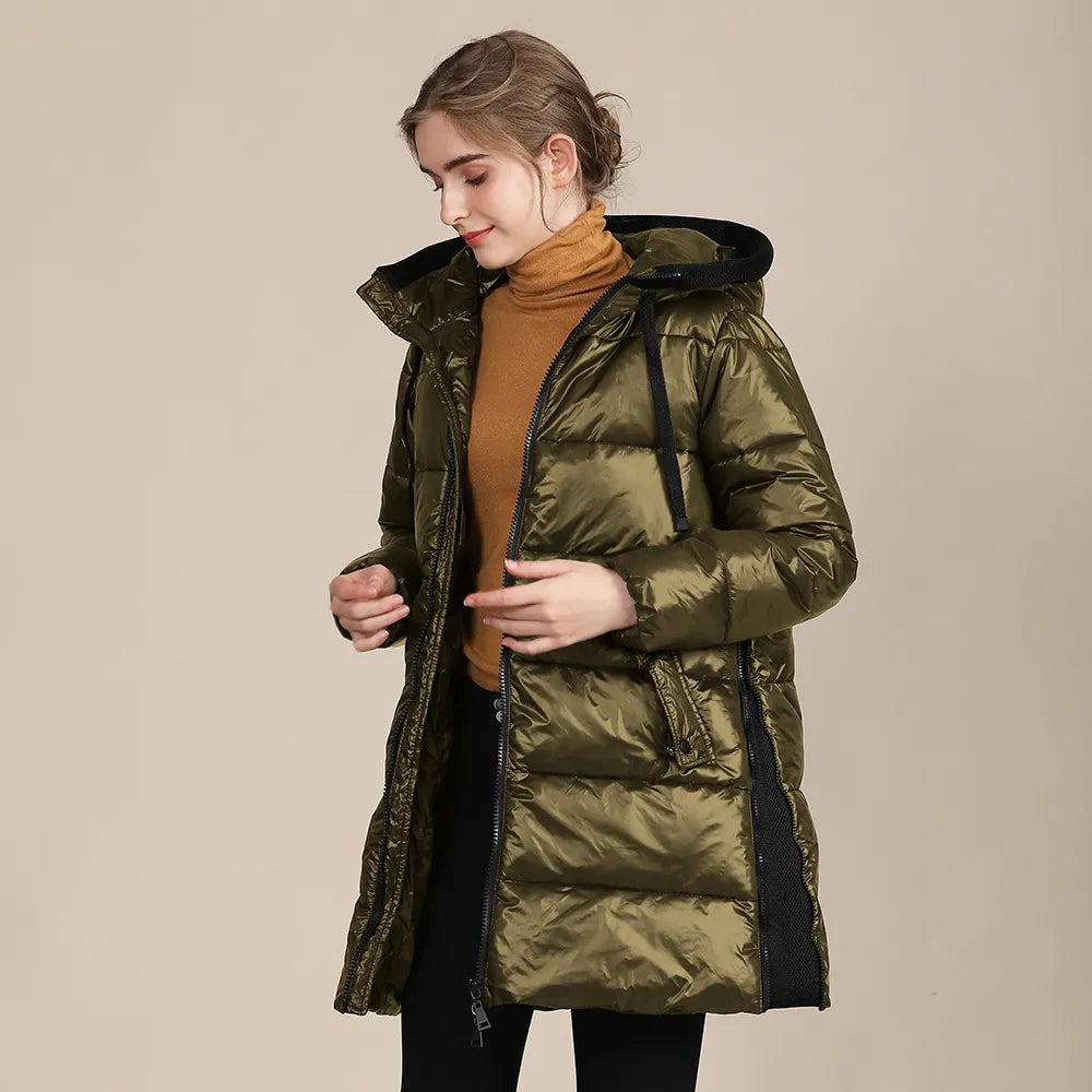 Katty - Jaqueta de inverno acolchoada de nylon brilhante para mulher com capuz