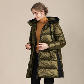 Katty - Jaqueta de inverno acolchoada de nylon brilhante para mulher com capuz