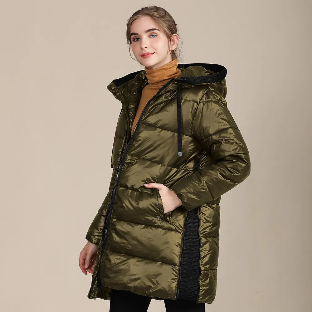 Katty - Jaqueta de inverno acolchoada de nylon brilhante para mulher com capuz