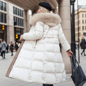Bonnie - Casaco longo de inverno para mulher com capuz de pele e cinto