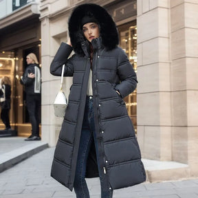 Bonnie - Casaco longo de inverno para mulher com capuz de pele e cinto