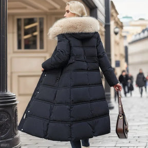Bonnie - Casaco longo de inverno para mulher com capuz de pele e cinto