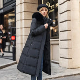 Bonnie - Casaco longo de inverno para mulher com capuz de pele e cinto