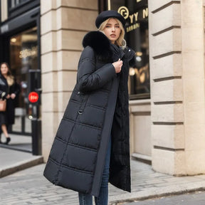 Bonnie - Casaco longo de inverno para mulher com capuz de pele e cinto