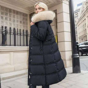 Bonnie - Casaco longo de inverno para mulher com capuz de pele e cinto