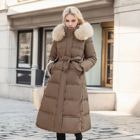 Bonnie - Casaco longo de inverno para mulher com capuz de pele e cinto
