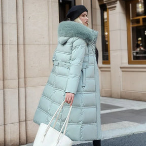 Bonnie - Casaco longo de inverno para mulher com capuz de pele e cinto