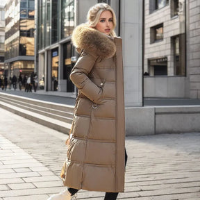Bonnie - Casaco longo de inverno para mulher com capuz de pele e cinto