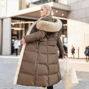 Bonnie - Casaco longo de inverno para mulher com capuz de pele e cinto