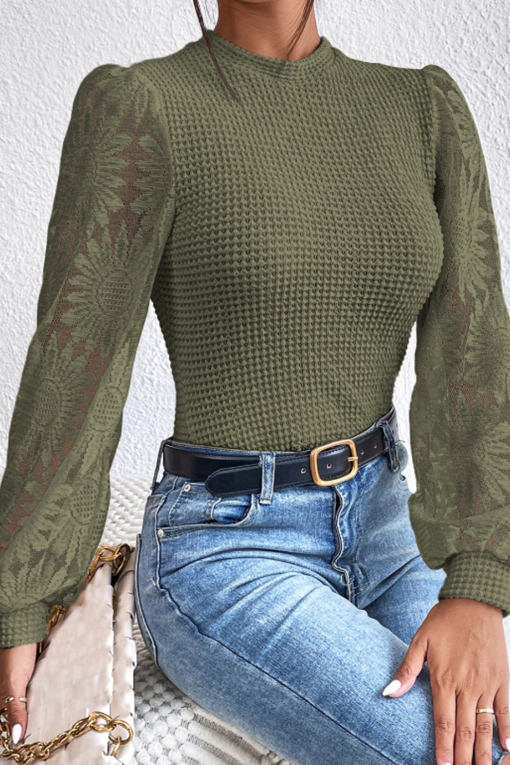 Brielle - Top de renda de manga longa com gola alta