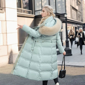 Bonnie - Casaco longo de inverno para mulher com capuz de pele e cinto