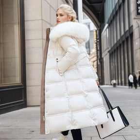 Bonnie - Casaco longo de inverno para mulher com capuz de pele e cinto