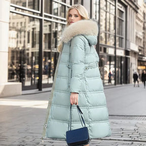 Bonnie - Casaco longo de inverno para mulher com capuz de pele e cinto
